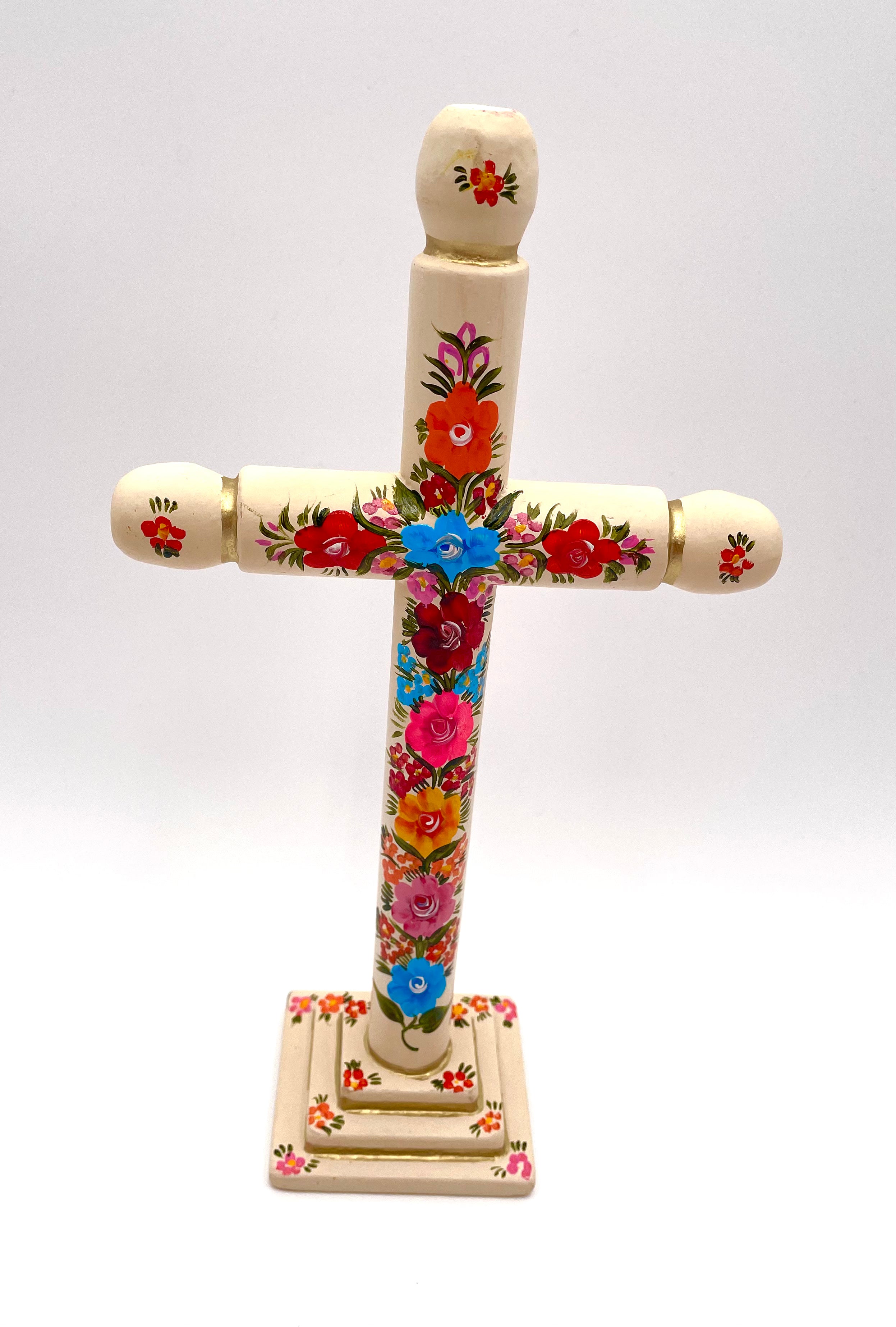 Hand painted wood cross w/flowers (L)