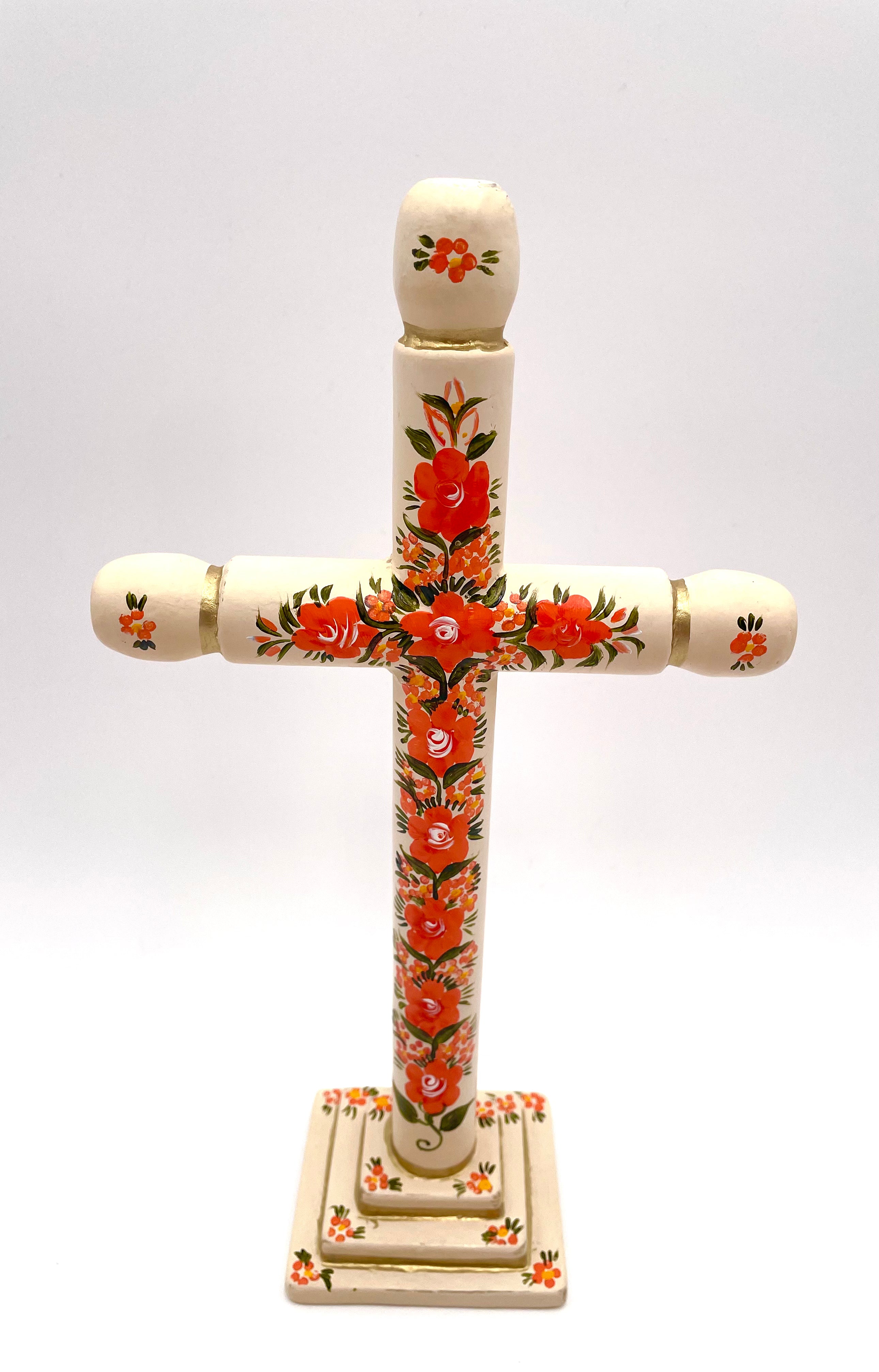 Hand painted wood cross w/flowers (L)