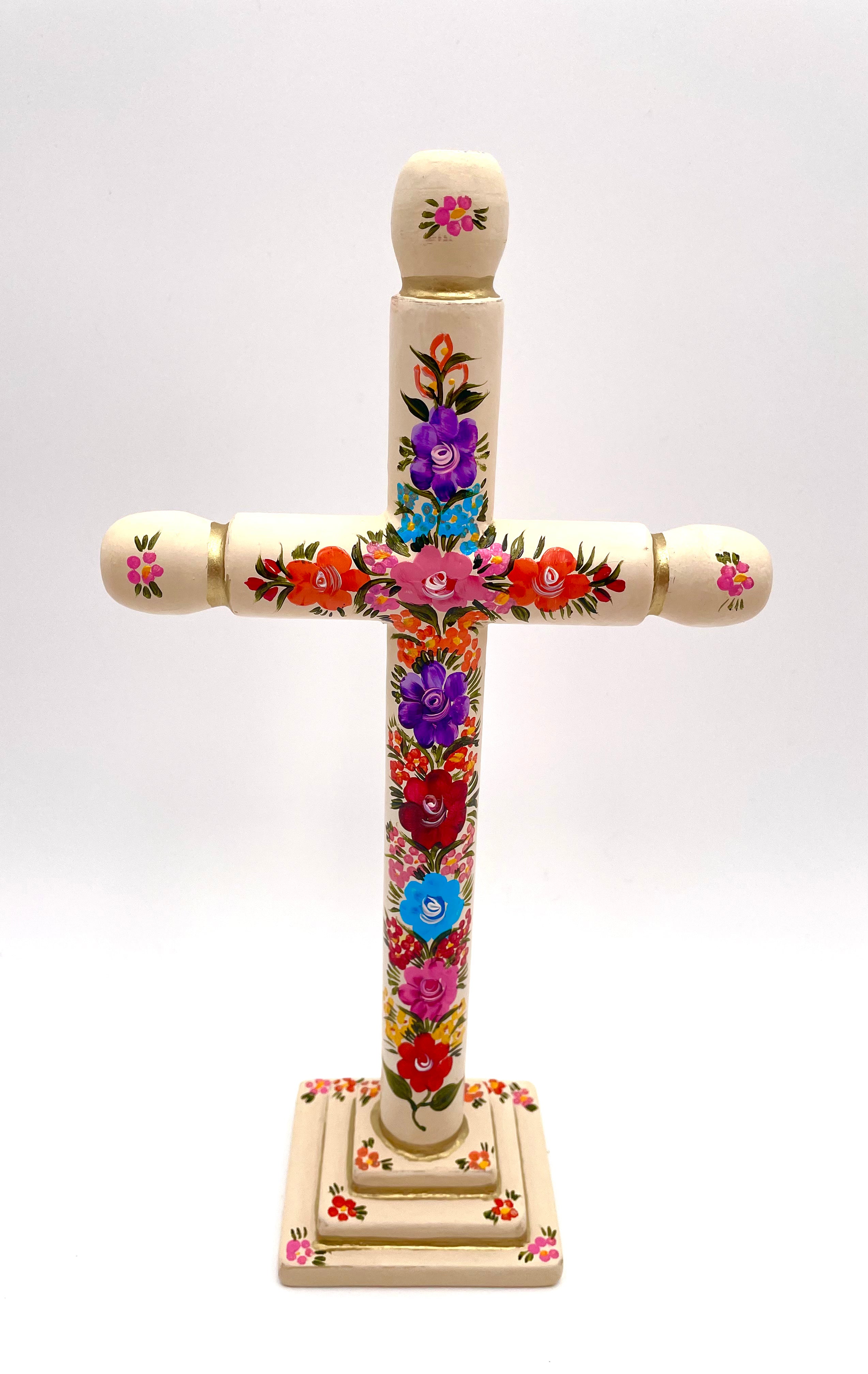 Hand painted wood cross w/flowers (L)