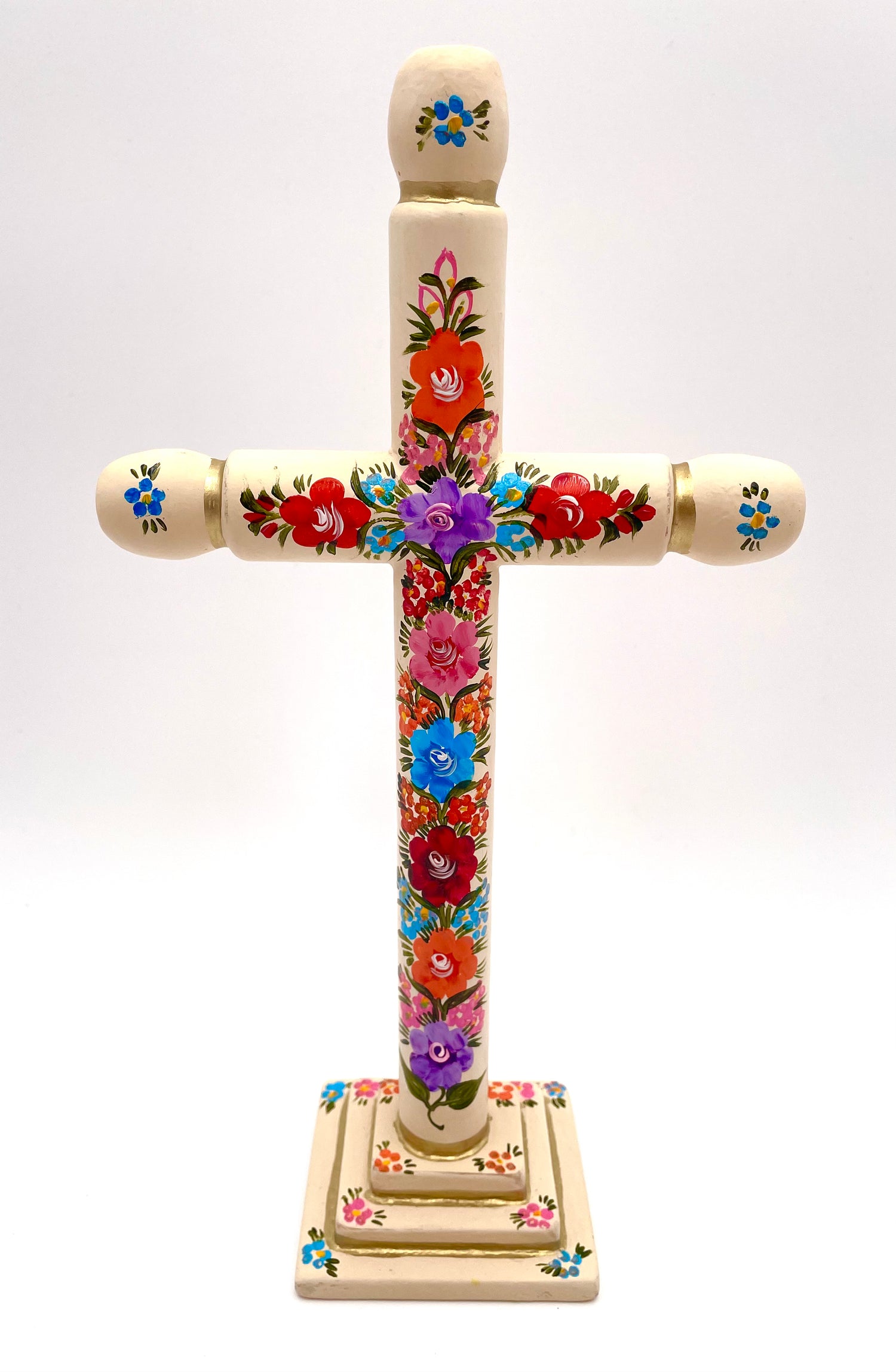 Hand painted wood cross w/flowers (L)