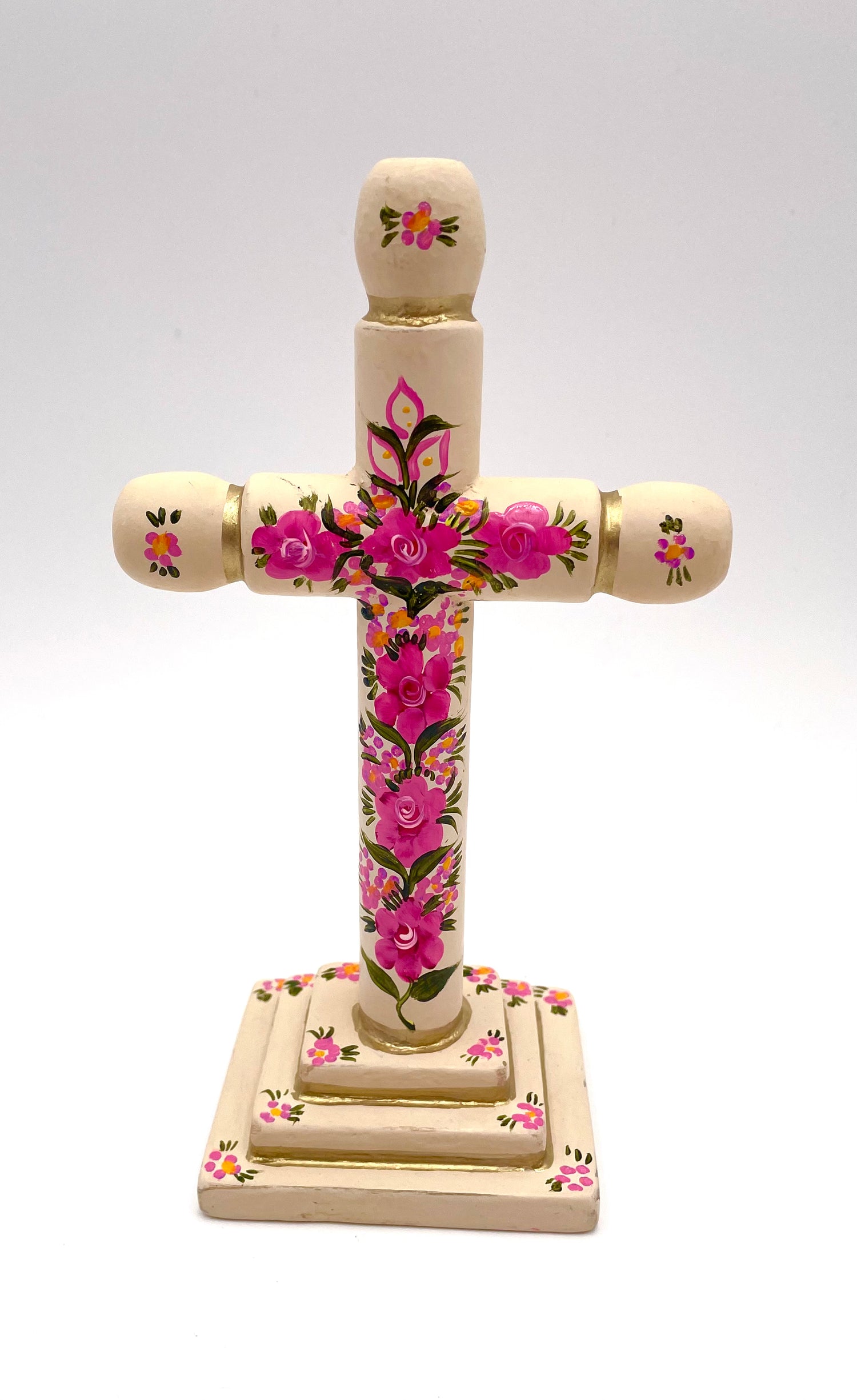 Hand painted wood cross w/flowers (S)