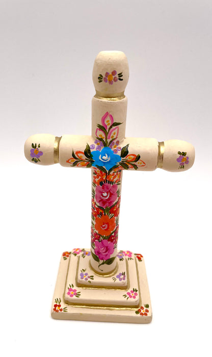 Hand painted wood cross w/flowers (S)