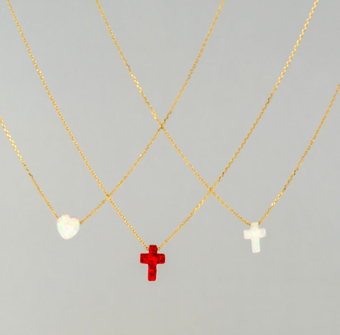 Opal Cross or Heart necklace with 14K gold plated chain