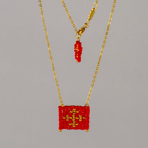 Red Escapulario style hand woven Miyuki bead necklace, 14K gold plated chain