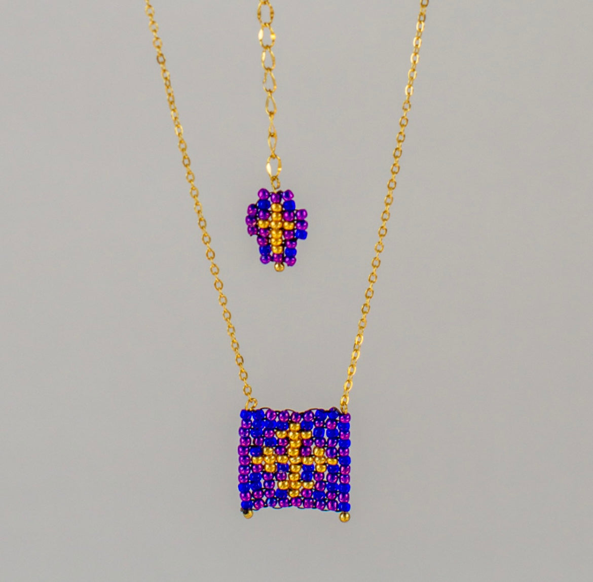 Vibrant purple Escapulario style hand woven Miyuki bead necklace, 14K gold plated chain