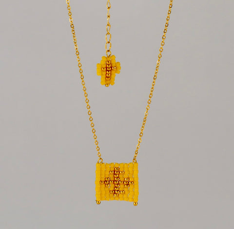 Yellow Escapulario style hand woven Miyuki bead necklace, 14K gold plated chain