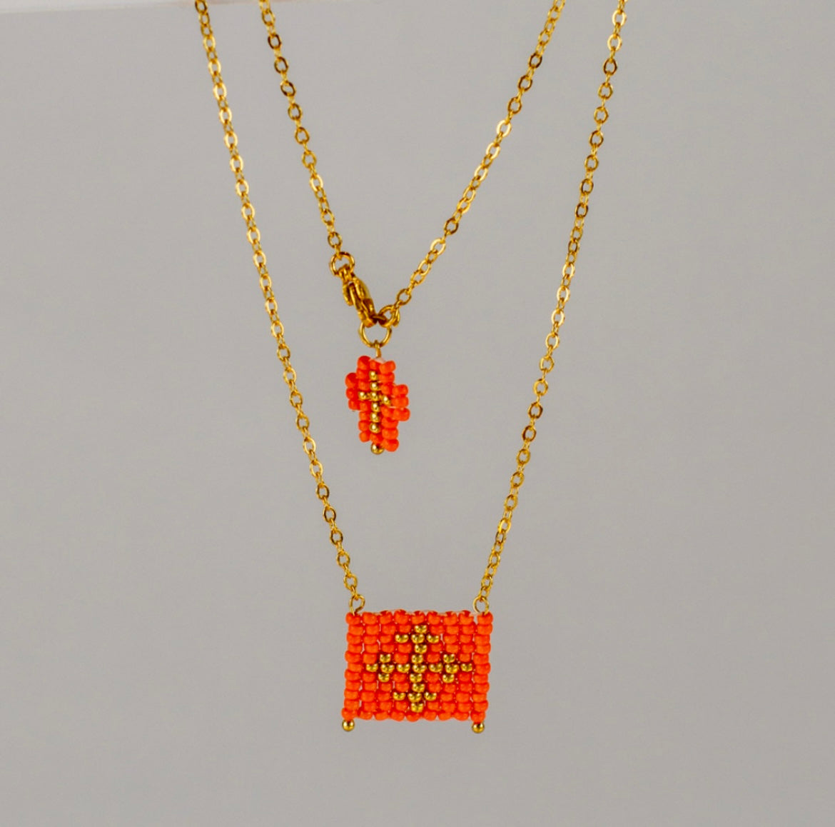 Orange Escapulario style hand woven Miyuki bead necklace, 14K gold plated chain