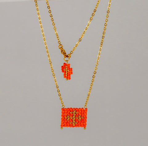 Orange Escapulario style hand woven Miyuki bead necklace, 14K gold plated chain