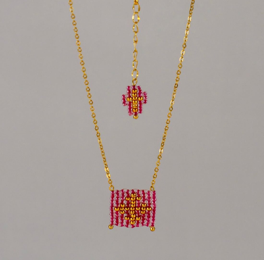 Pink Escapulario style hand woven Miyuki bead necklace, 14K gold plated chain