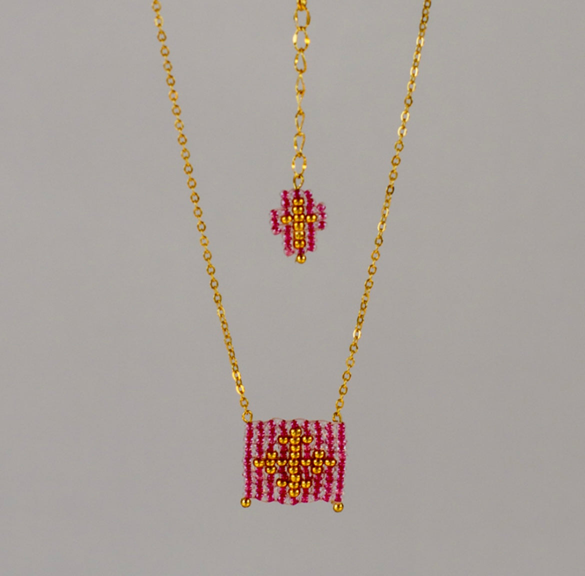 Pink Escapulario style hand woven Miyuki bead necklace, 14K gold plated chain