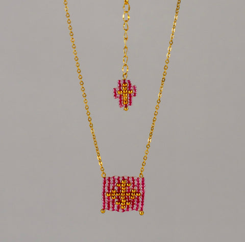 Pink Escapulario style hand woven Miyuki bead necklace, 14K gold plated chain