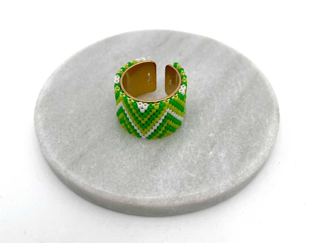 Handmade Wide Band Ring Green Miyuki Seed Bead