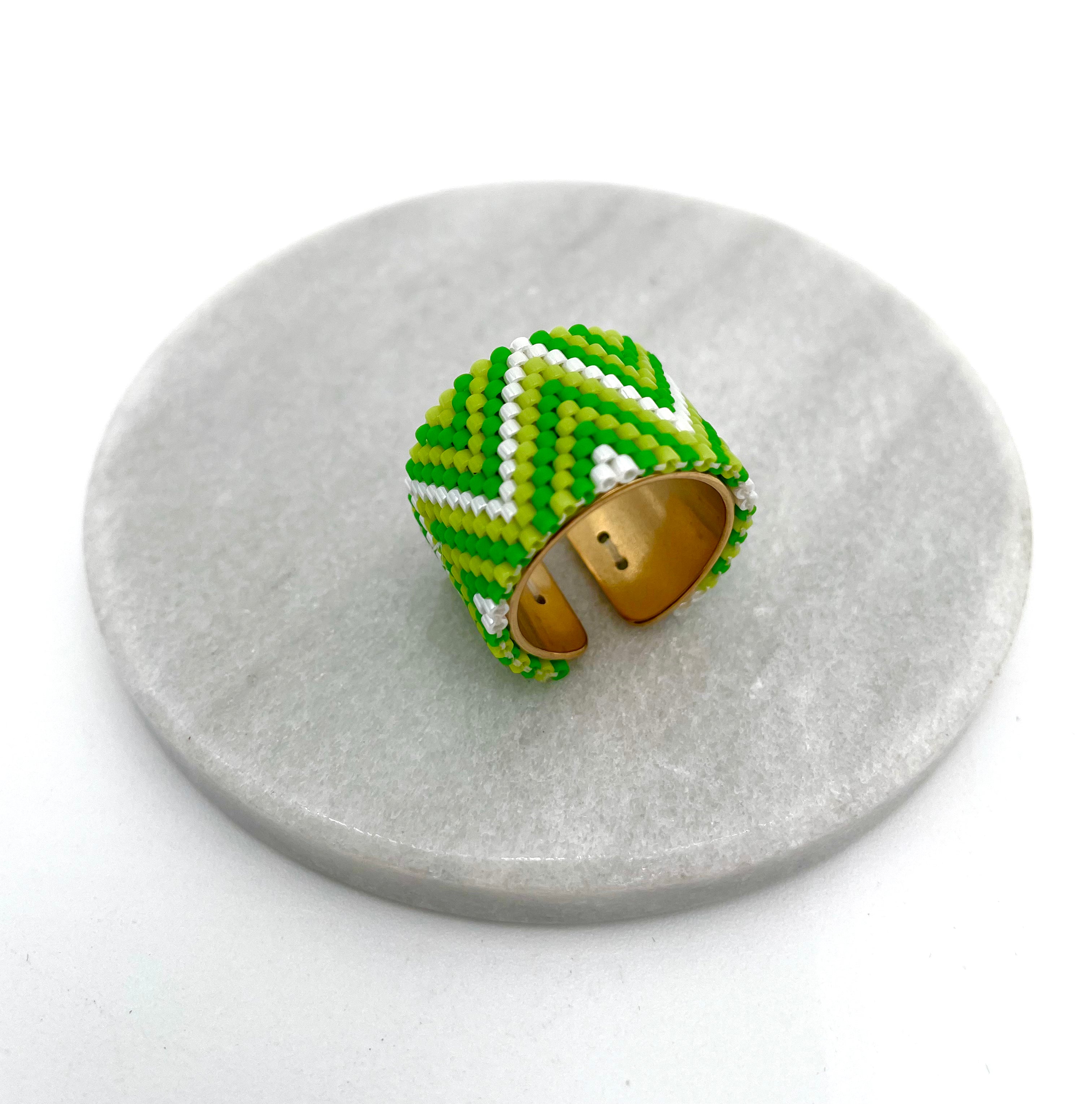 Handmade Wide Band Ring Green Miyuki Seed Bead