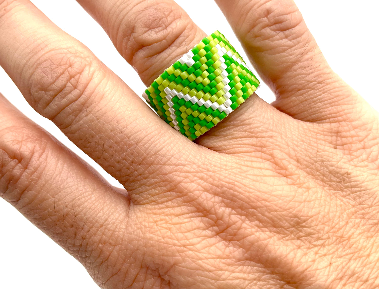 Handmade Wide Band Ring Green Miyuki Seed Bead