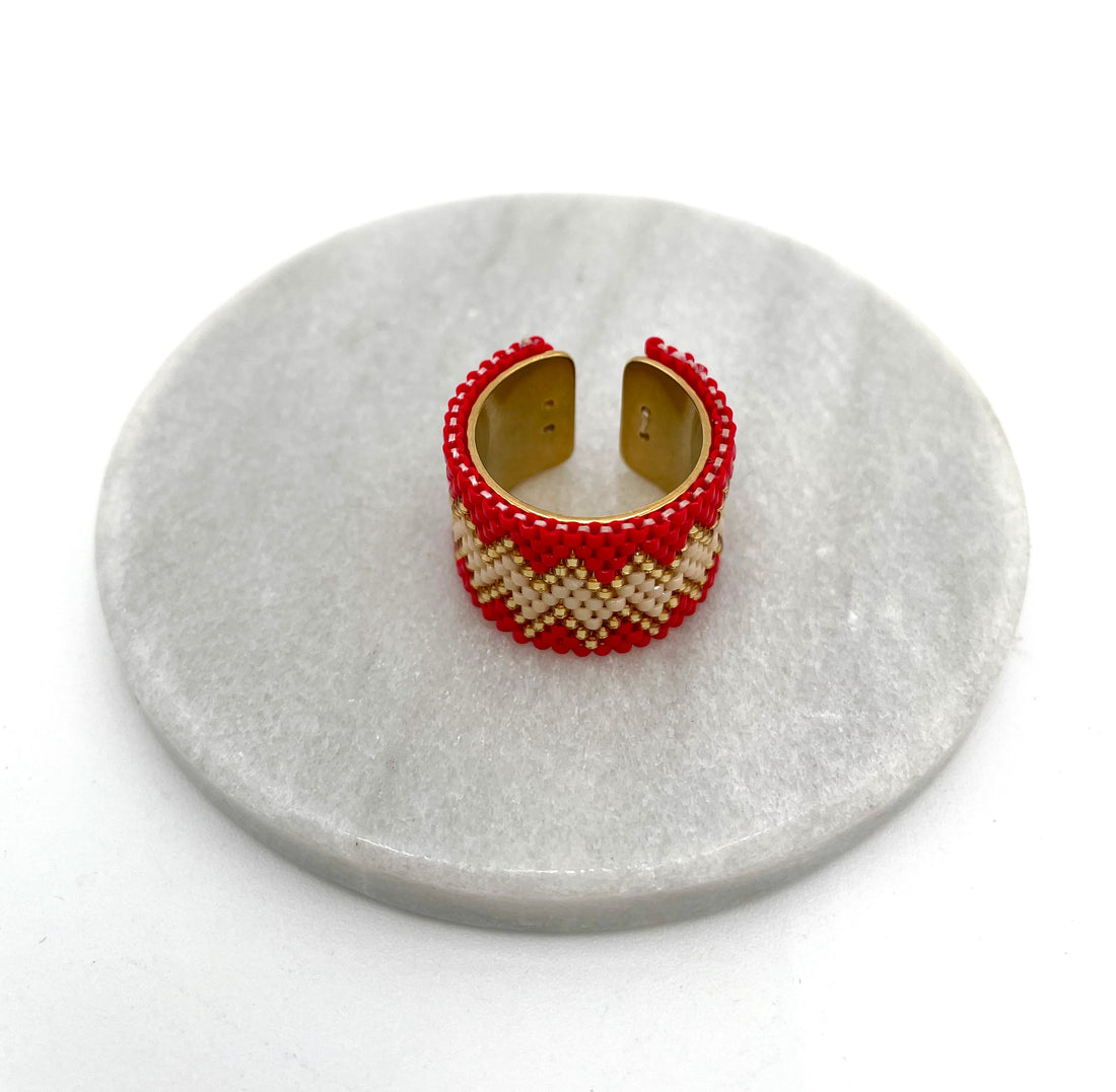 Handmade Wide Band Ring Red Miyuki Seed Bead