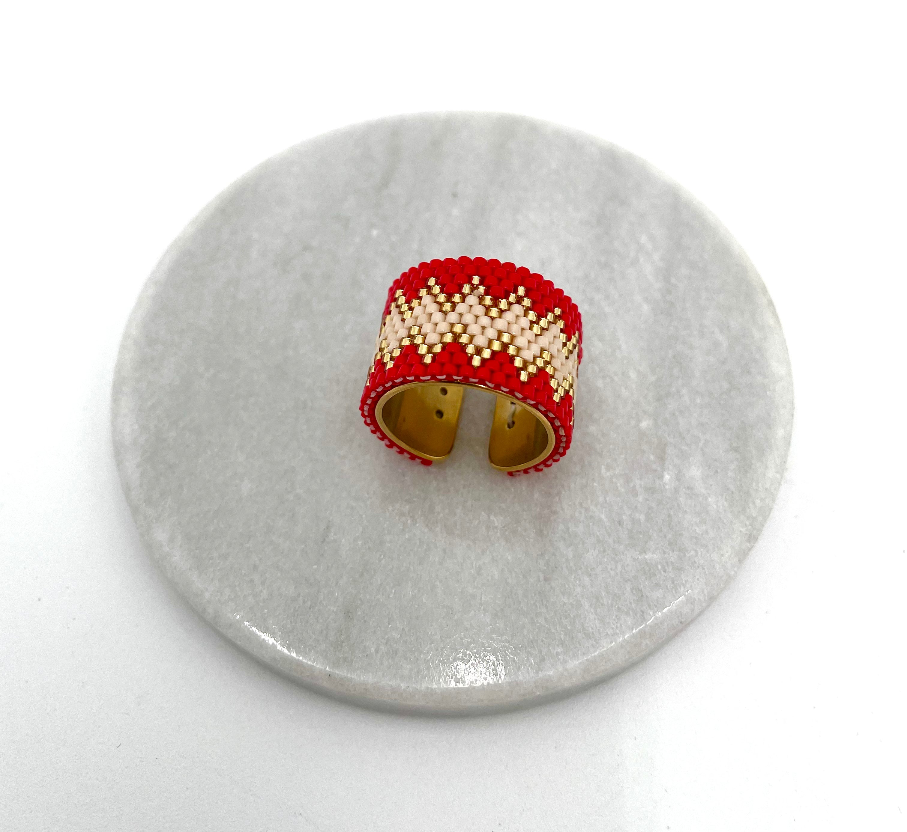 Handmade Wide Band Ring Red Miyuki Seed Bead