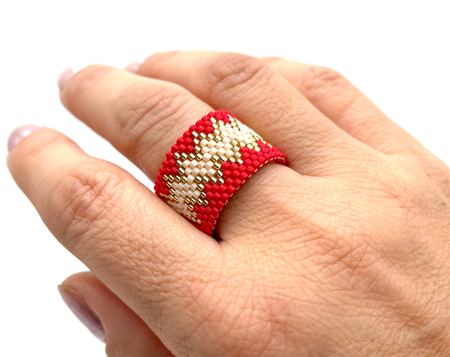 Handmade Wide Band Ring Red Miyuki Seed Bead