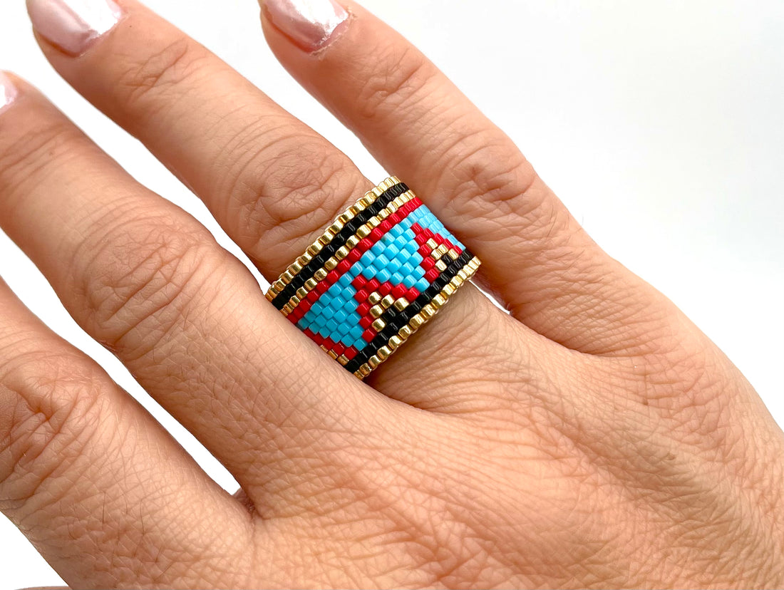 Handmade Wide Band Ring Blue and Red Miyuki Seed Bead