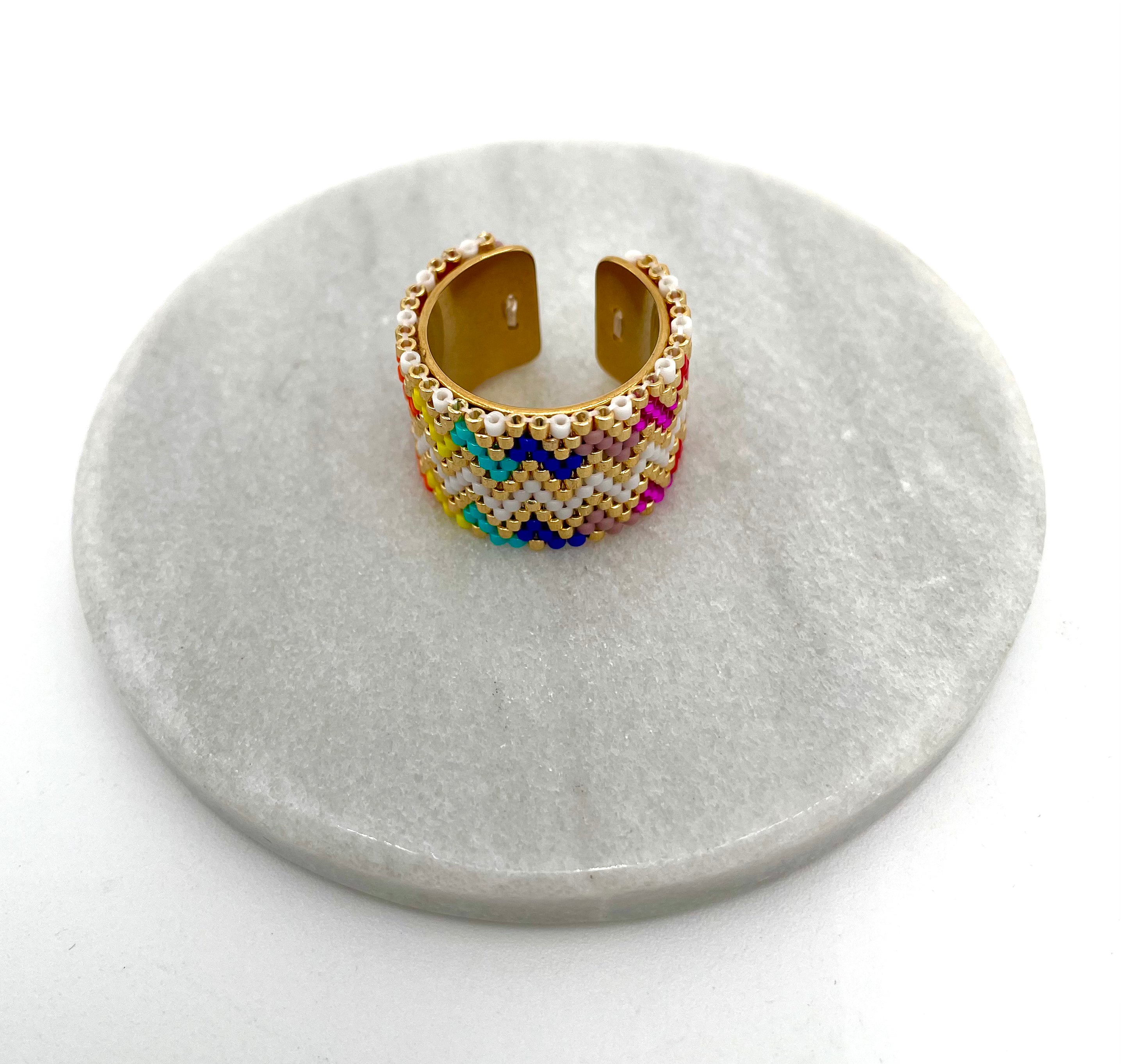 Handmade Wide Band Ring Multicolored Miyuki Seed Bead