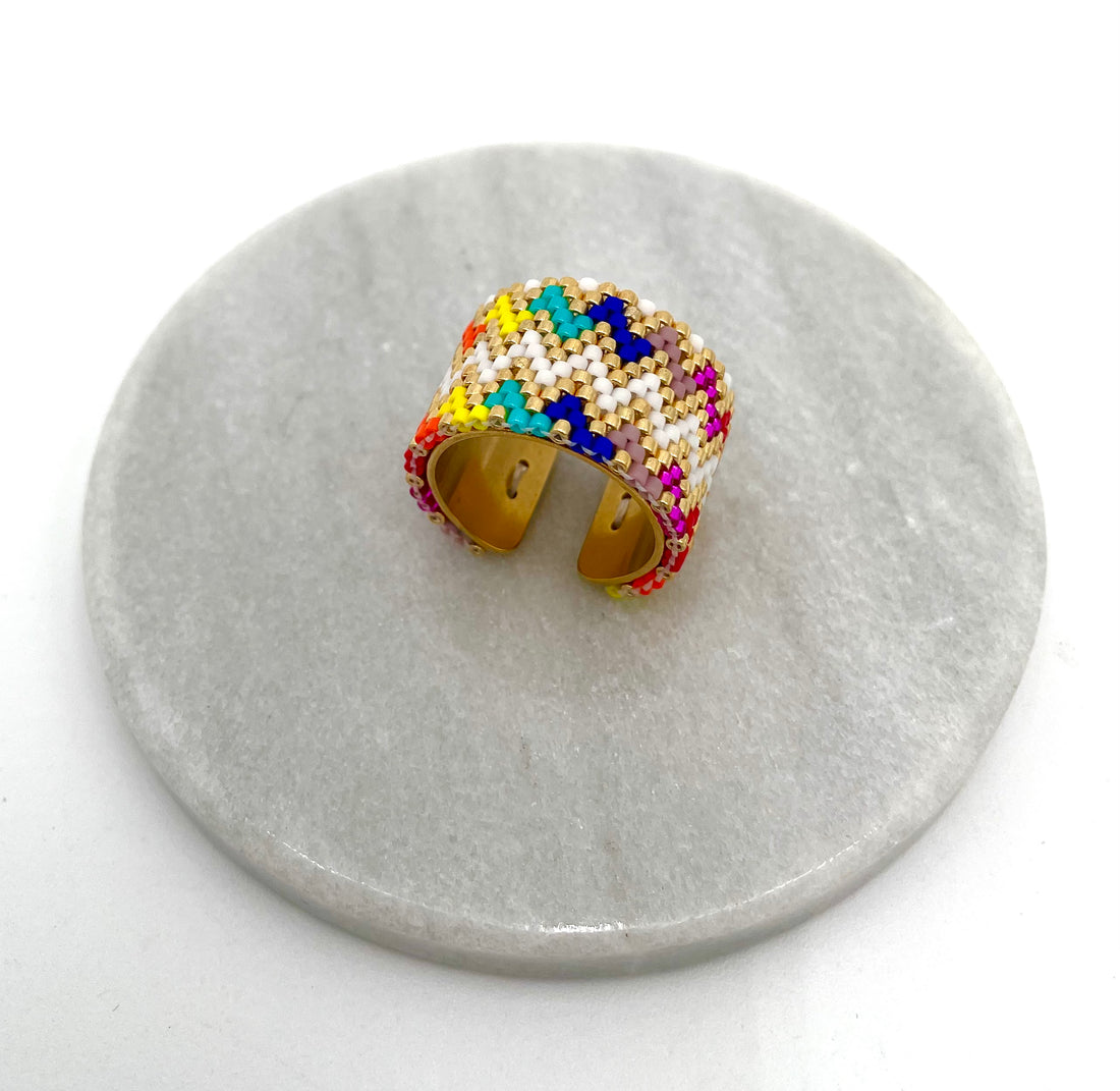 Handmade Wide Band Ring Multicolored Miyuki Seed Bead