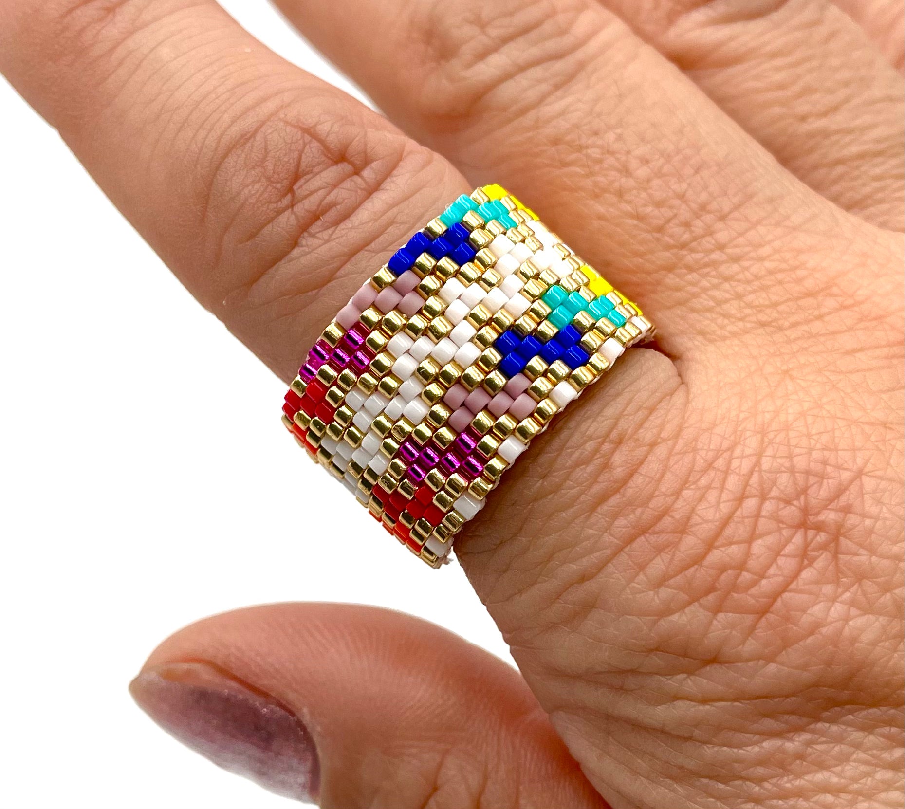 Handmade Wide Band Ring Multicolored Miyuki Seed Bead