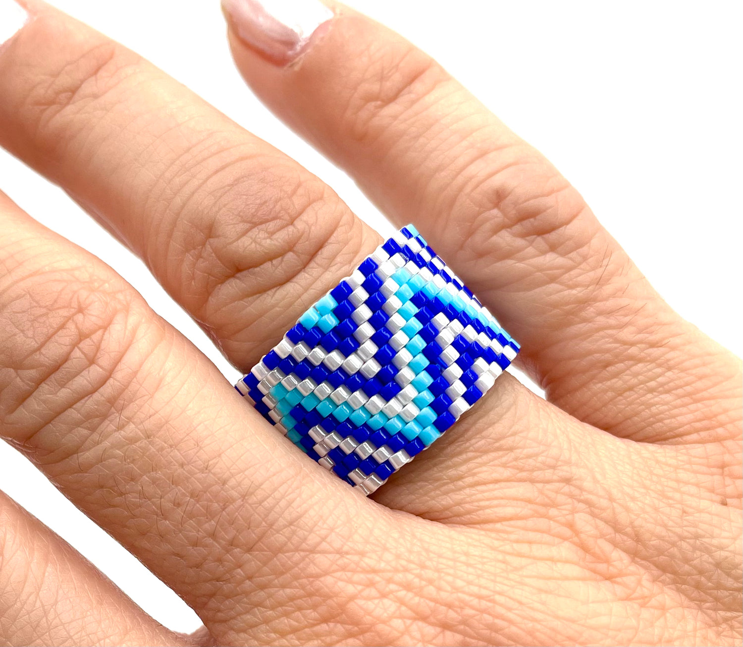 Handmade Wide Band Ring Blue Miyuki Seed Bead