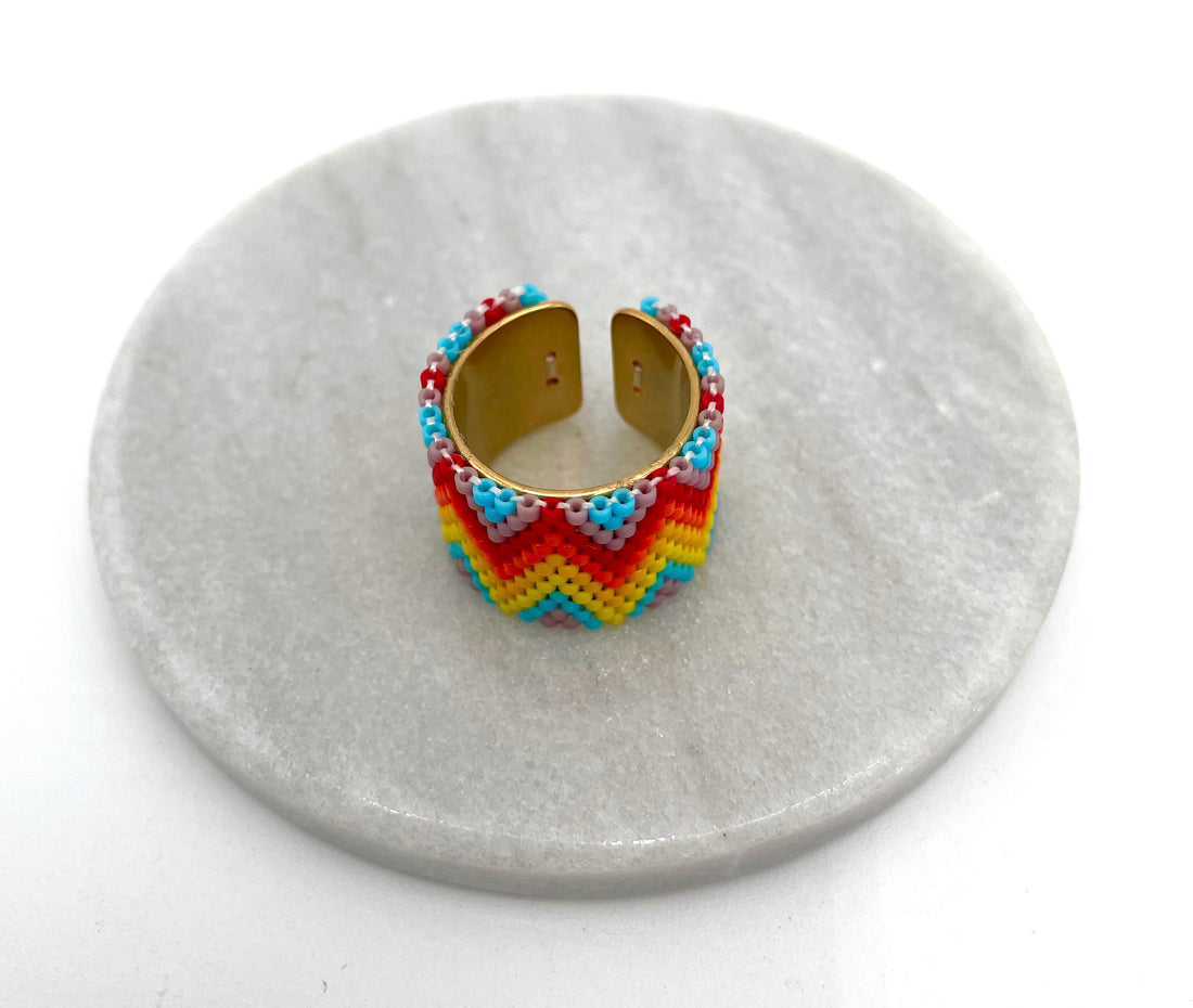 Handmade Wide Band Ring Yellow, Red and Orange Miyuki Seed Bead