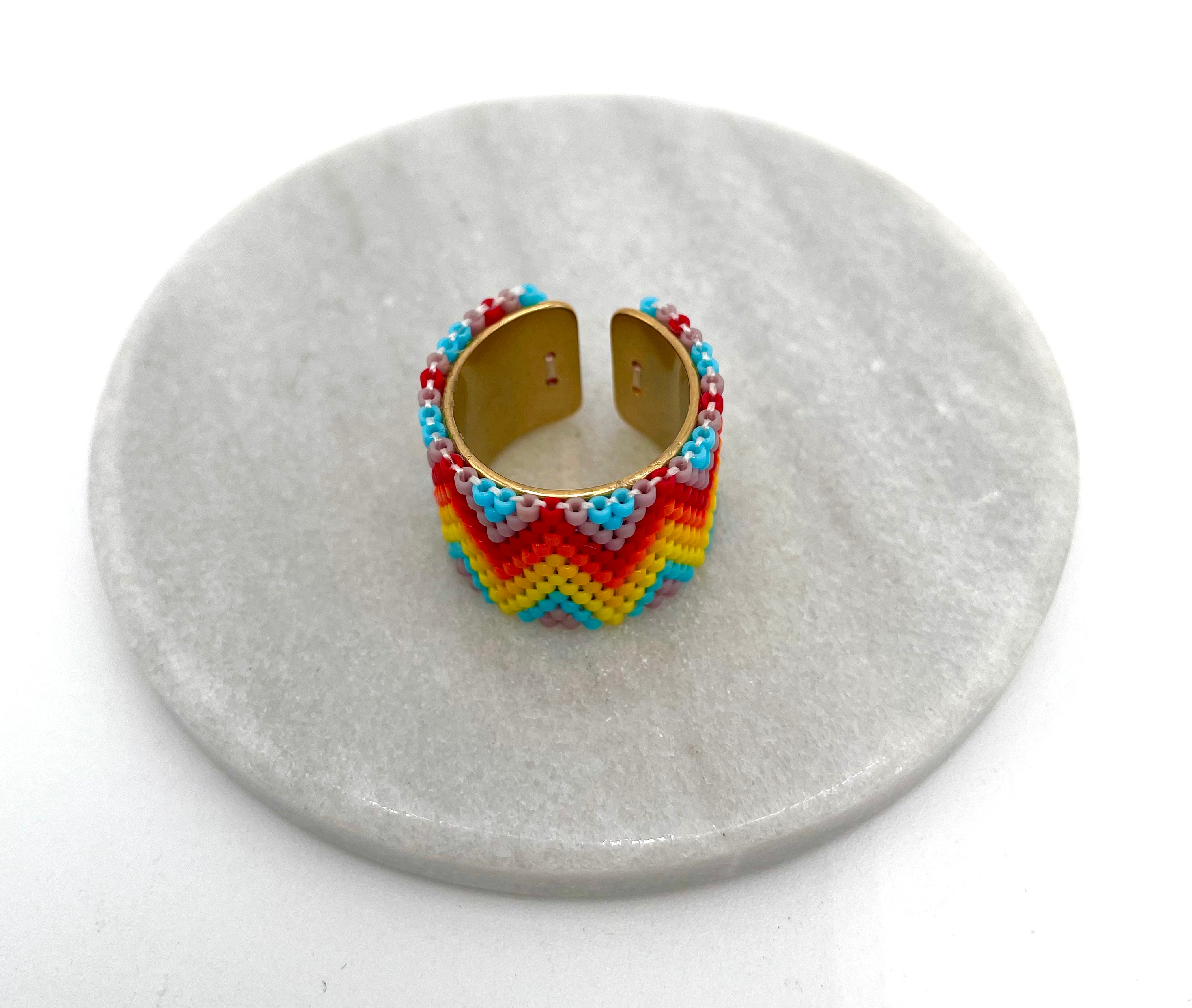 Handmade Wide Band Ring Yellow, Red and Orange Miyuki Seed Bead