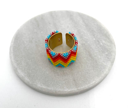 Handmade Wide Band Ring Yellow, Red and Orange Miyuki Seed Bead