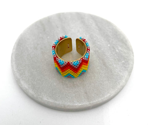 Handmade Wide Band Ring Yellow, Red and Orange Miyuki Seed Bead