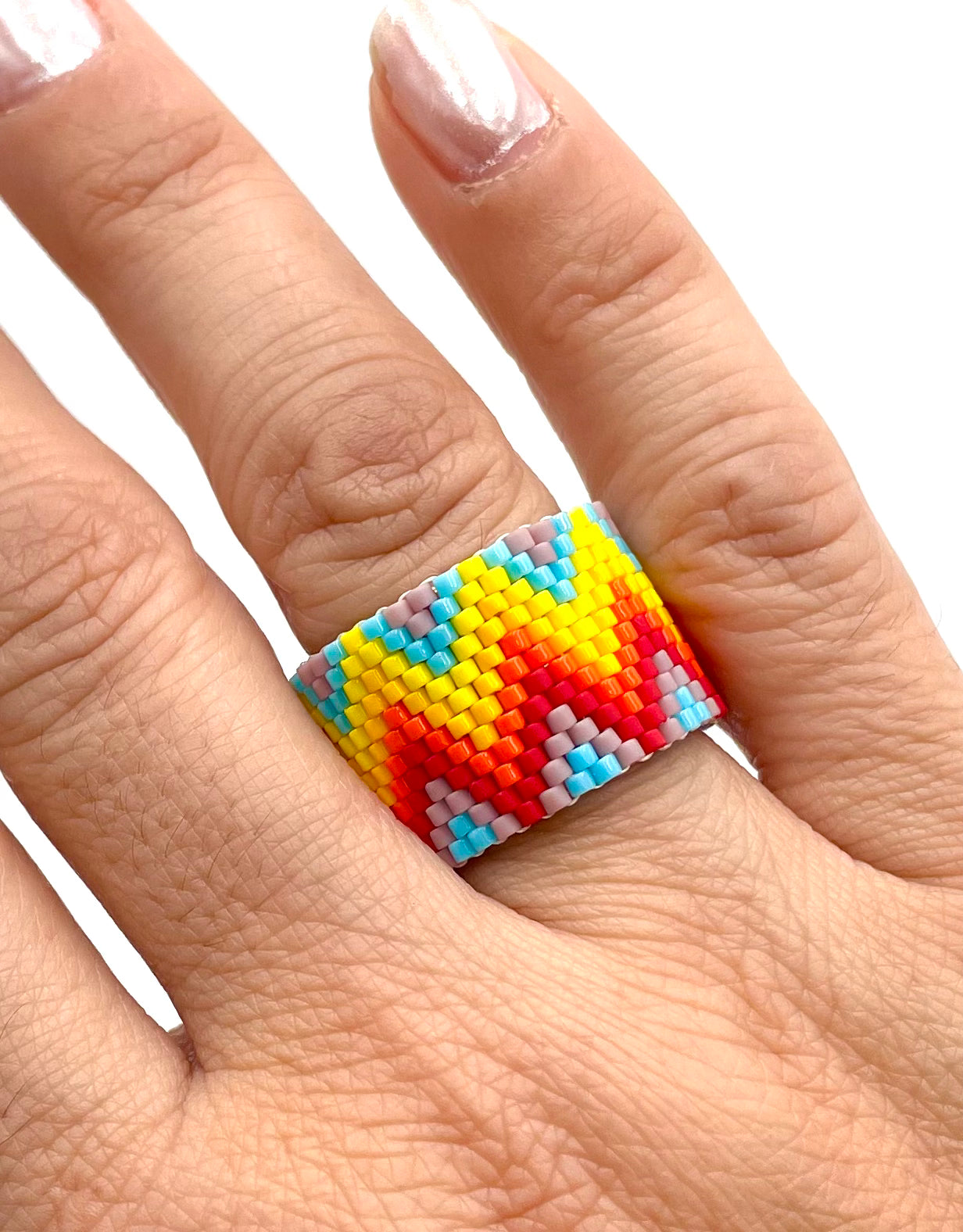 Handmade Wide Band Ring Yellow, Red and Orange Miyuki Seed Bead