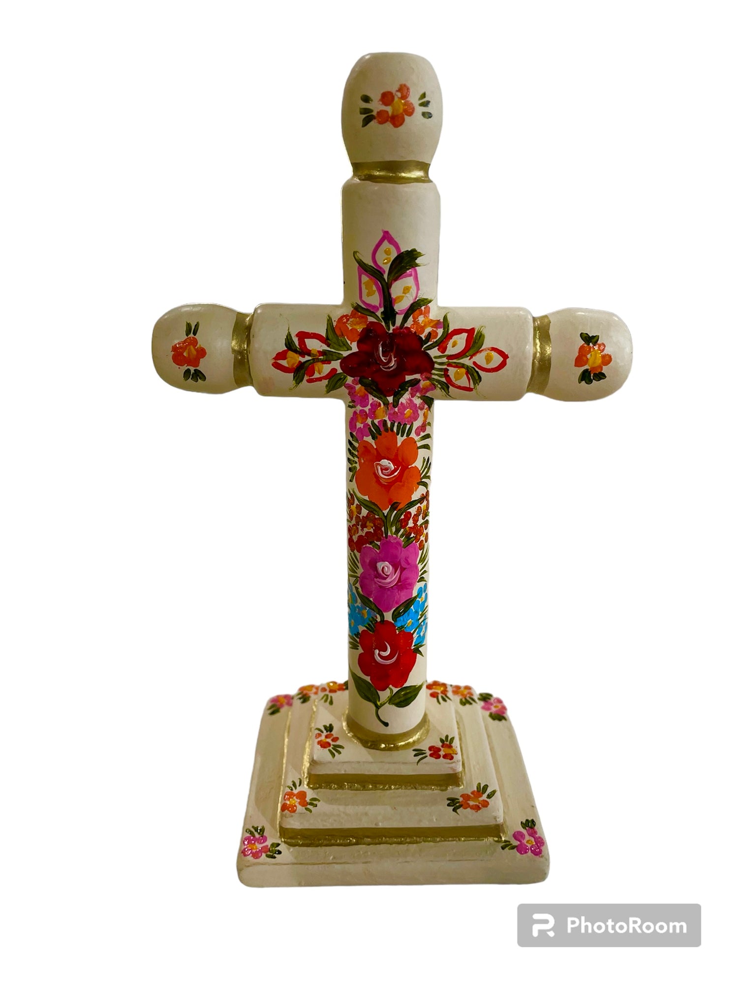 Hand painted wood cross w/flowers (S)