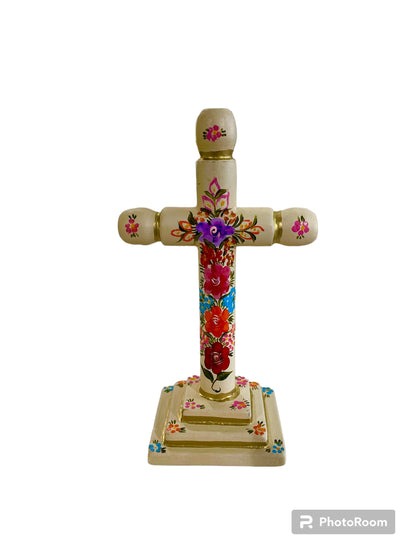 Hand painted wood cross w/flowers (S)